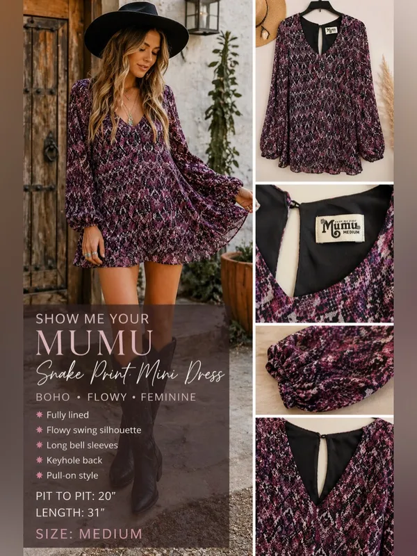 Show Me Your Mumu Snake Print Mini Purple Dress Boho Flowy Bell Sleeve M - Image 2