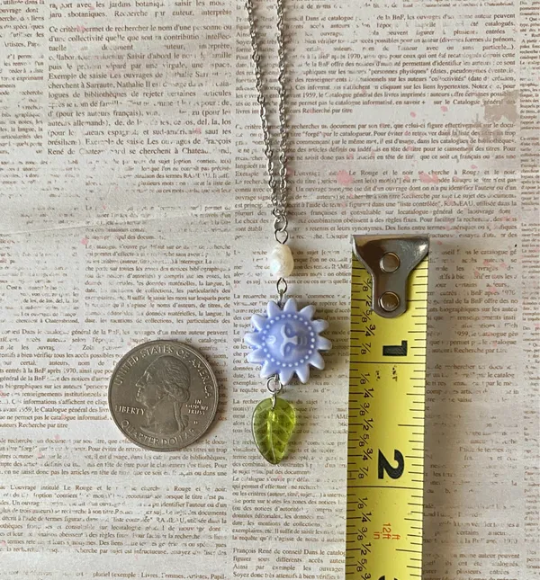 Handmade unique funky cute light blue ceramic sun & Czech glass leaf & freshwater pearl necklace☀️🌿 - Image 8
