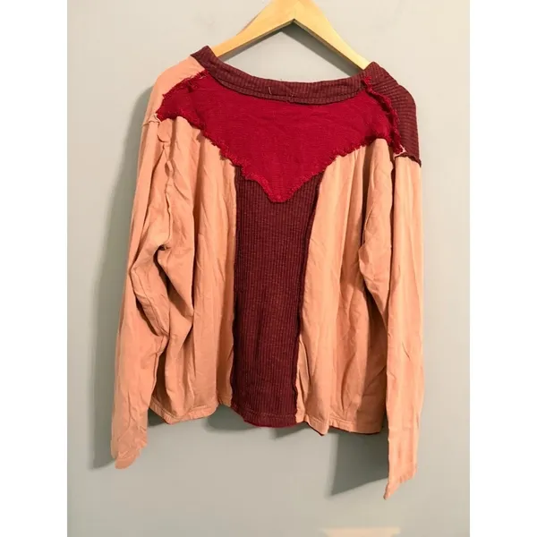 POL Patchwork Thermal Top‎ Womens Medium Red Burgundy Peach Waffle Knit FKT1052A - Image 4