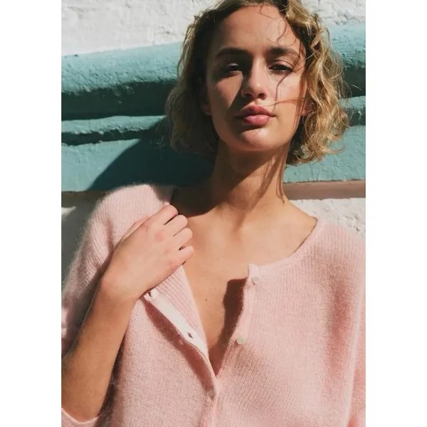 SEZANE Gaspard Mohair Alpaca Cardigan Button Down Rib Sweater XS Pink Coquette - Image 4
