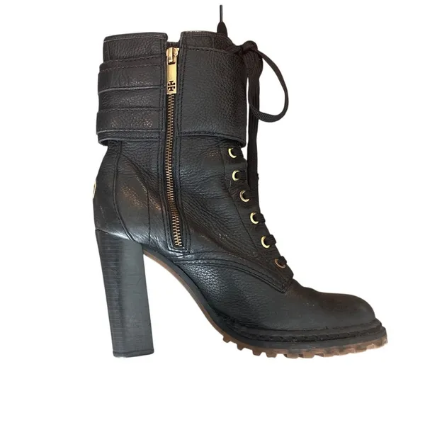 Tory Burch Combat Boots Black Leather Double Buckle Heeled Moto Size 9 - Image 6