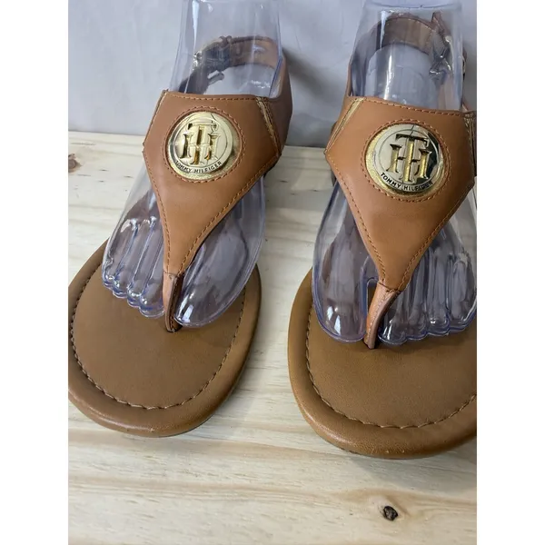 Tommy Hilfiger Women Thong Sandals Brown Ankle Strap Gold Buckle Open Size 8 M - Image 6