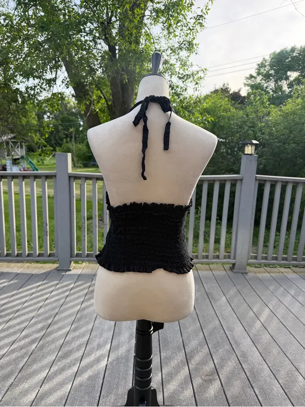 Black Smocked Halter Top Open Back Cotton Y2K Large - Image 4
