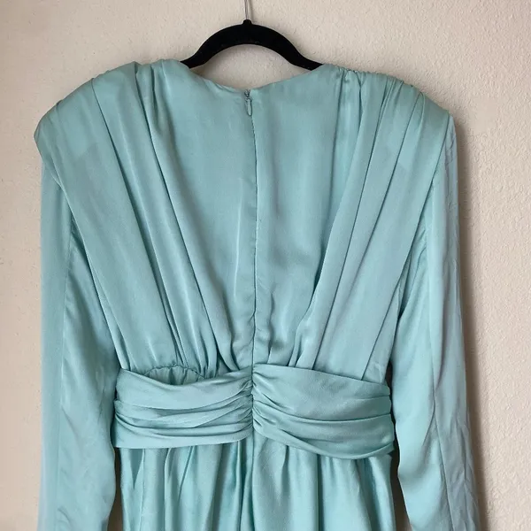 House of CB Pascale Aqua Draped Plunge Satin Mini Dress Womens Size M Mint Green - Image 14