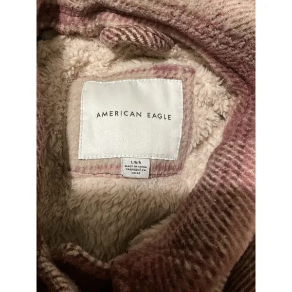 American Eagle Womens Plaid Sherpa Lined Shacket Burgundy Cream Wool Blend Large - Image 4