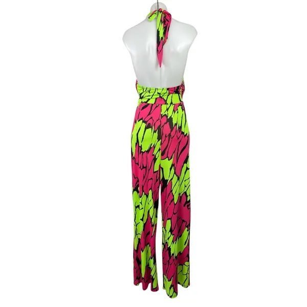 Touch Me Green Pink Retro Abstract Halter Plunge Sleeveless Wide Leg Jumpsuit L - Image 3
