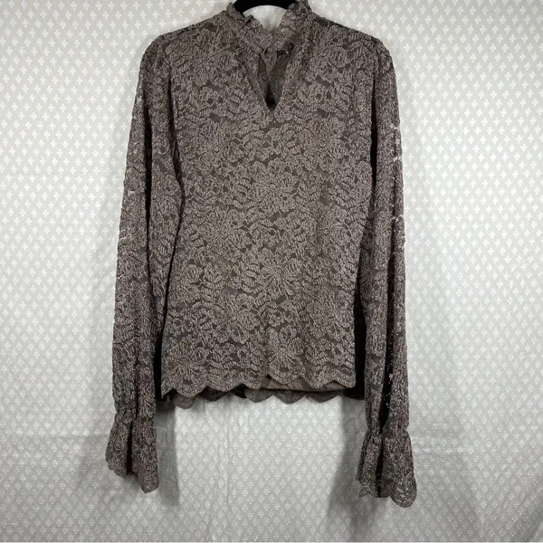 Anthropologie Eri + Ali Women‎ Top Sz L Brown Floral Eyelet Velvet Mock Neck - Image 2