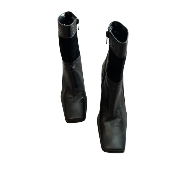 Black Mixed Media Leather Suede Square Toe Block Heel Ankle Boots Size 8M - Image 3