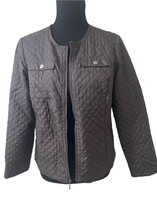 Chico's Collarless Quilted Dark Brown Full Zip Jacket - Image 2