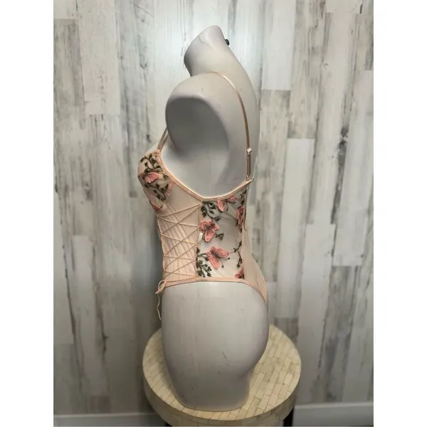Floral Mesh Lace Up Bodysuit Pink Sheer Embroidered Teddy Lingerie Size M - Image 3