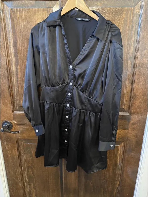 Zara black satin rhinestone-button mini shirt dress - Image 2