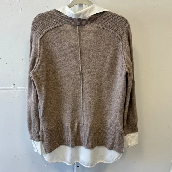 Magaschoni 100% Cashmere Layered Look‎ V-Neck Sweater Taupe White Trim Large - Image 2