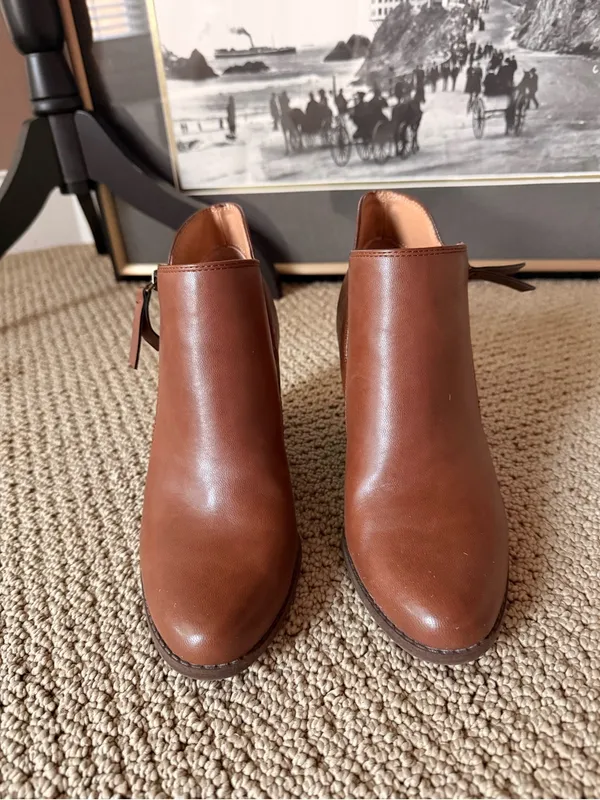 new directions Cognac Brown Vegan Leather Ankle Wedge Booties with Side Zip - Image 2