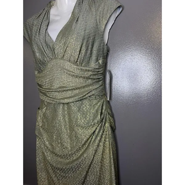 Maggy London Dress Womens 4 Gold Metallic Chevron Ruched V Neck Sheath Midi - Image 5