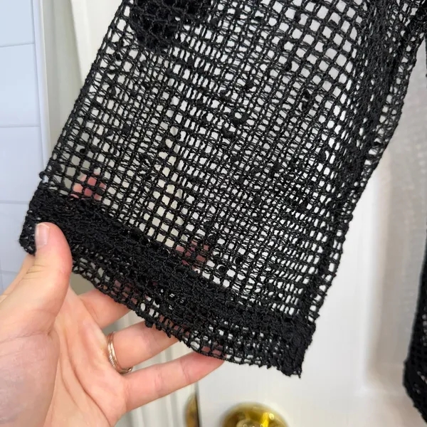Nina Leonard black loose crocheted net drapey button‎ cropped sleeve cardigan L - Image 2