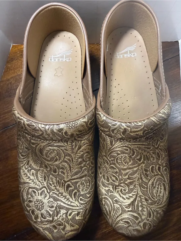 Dansko Metallic Gold Floral Embossed Clogs - Image 2
