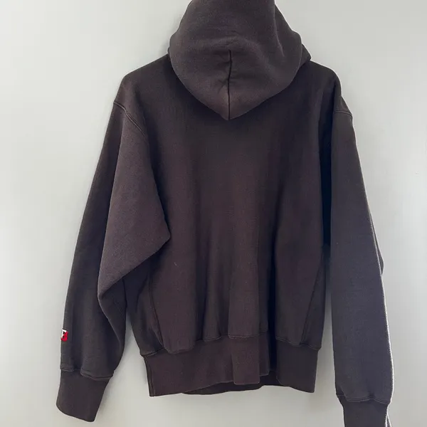 Vintage Brown University Graphic Print Fleece Pullover Hoodie Pockets Brown M - Image 2