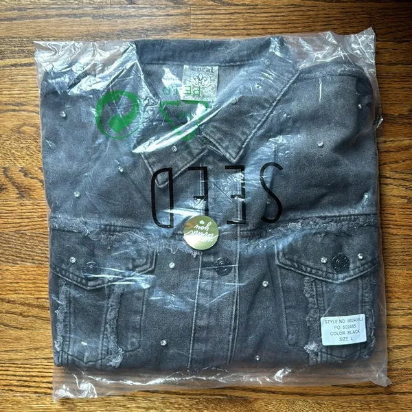 Rhinestone Embellished Frayed Denim Jacket in Black Stoned Washed - Image 4