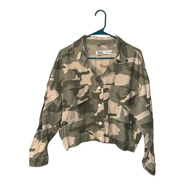 Zara Green Camo‎ Linen Blend Cropped Jacket, Womens Medium - Image 3