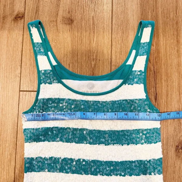 Old Navy Y2K Sequin Striped Tank Top Medium‎ Green White Preppy Layer - Image 6
