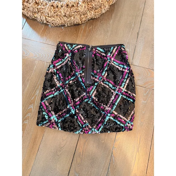 NWT Le Superbe Argyle Hotel Sequin Mini‎ Skirt Women Black Multi Plaid Size 2 - Image 5