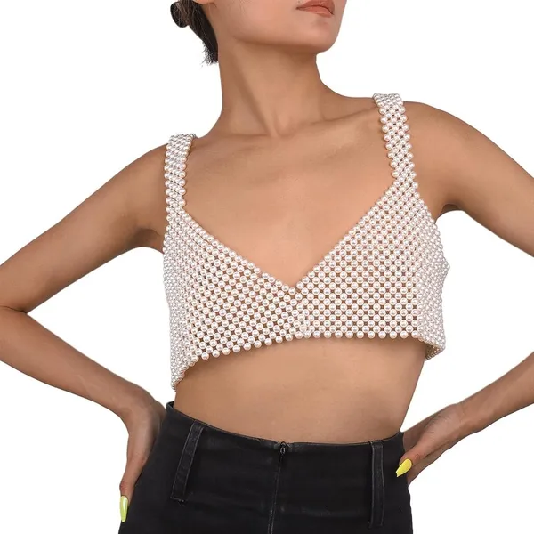 Pearl Chain Beaded Women's White V Neck Sleeveless Cami Crop Top Size S / M - Image 3
