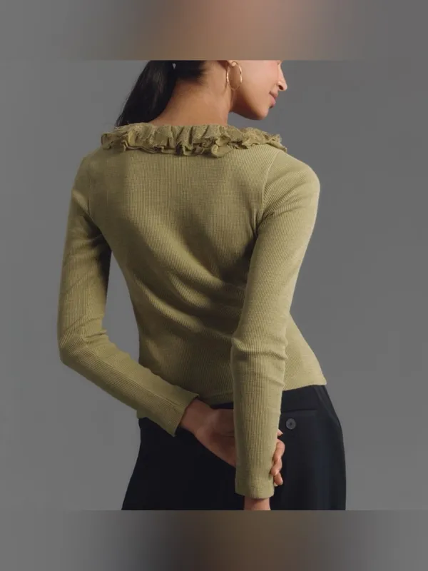 Anthropologie Ruffled and Laced Cardigan Top Sage Green Small - Image 4