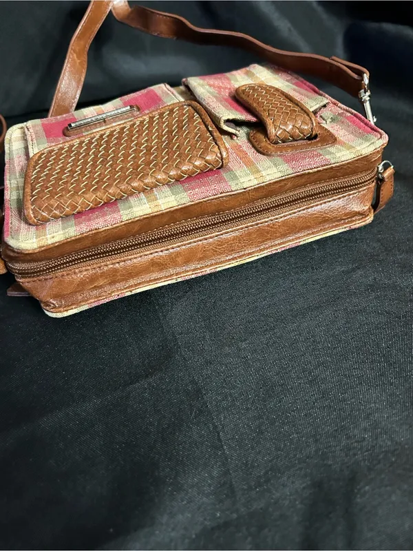 Vintage Longaberger Red, Green, Tan Plaid Crossbody Purse - Image 5
