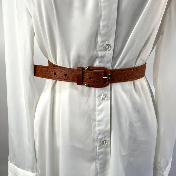 Tooled Leather Belt The Ritz Accessories Floral Motif Tan - Image 2