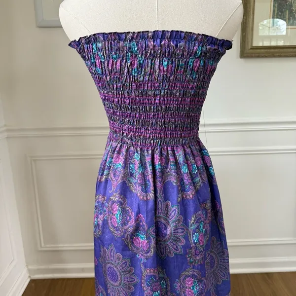 Vintage 80s Purple Strapless Smocked Top Sun Dress S - Image 7