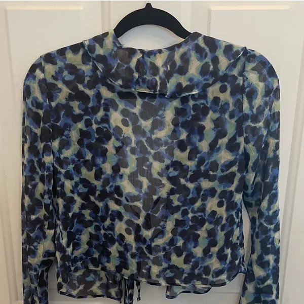 Topshop Blue Green Leopard Print Sheer Ruffle Tie Front Blouse US 2 - Image 5