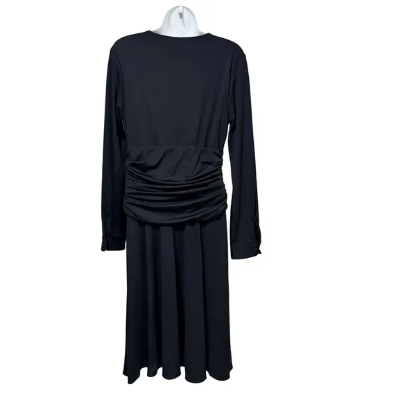 Lapis Women Black Ruched Wrap V-Neck Long Sleeve Pleated Midi Dress Size M 382L - Image 3