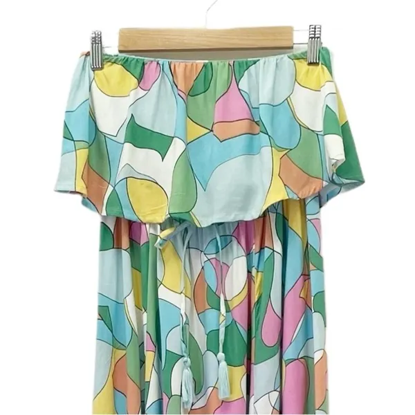 Japna Strapless Flounce Top Summer Maxi Dress Retro Aqua & Pink Print Size Small - Image 6