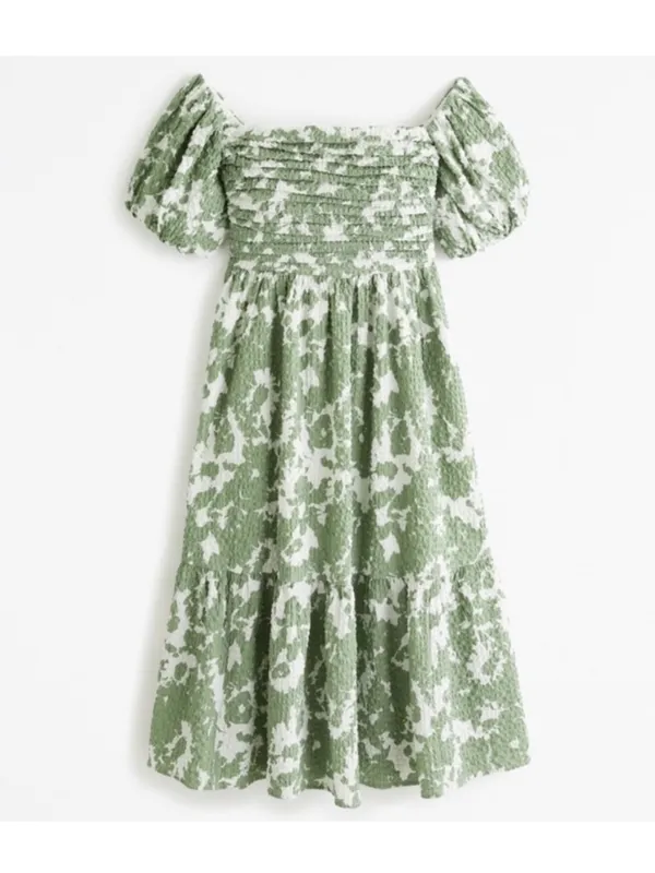 Abercrombie & Fitch Green Puff Sleeve Floral Midi Dress - Image 3