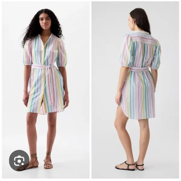 GAP Linen Blend Rainbow Stripe Puff Sleeve Dress S - Image 2