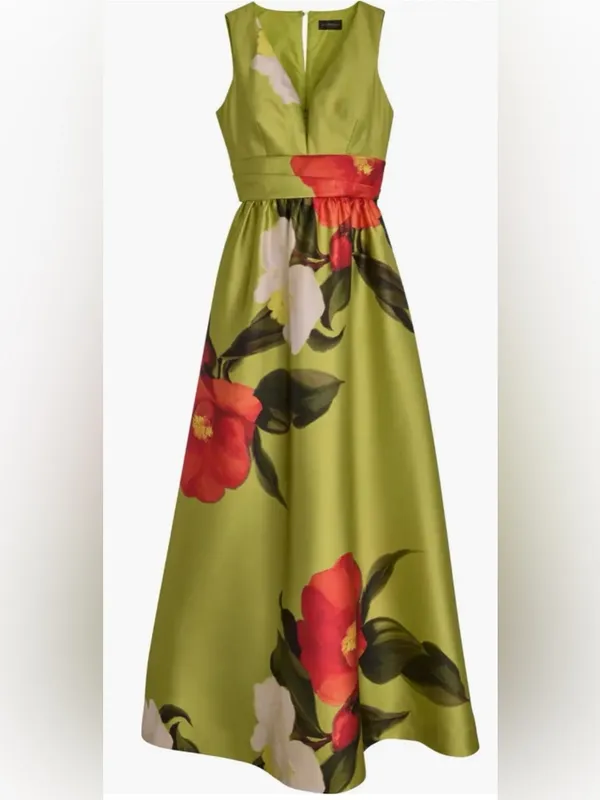 NEW DONNA KARAN NY Printed V-neck Floral Mikado smmr citro green Gown Sz 12 - Image 4