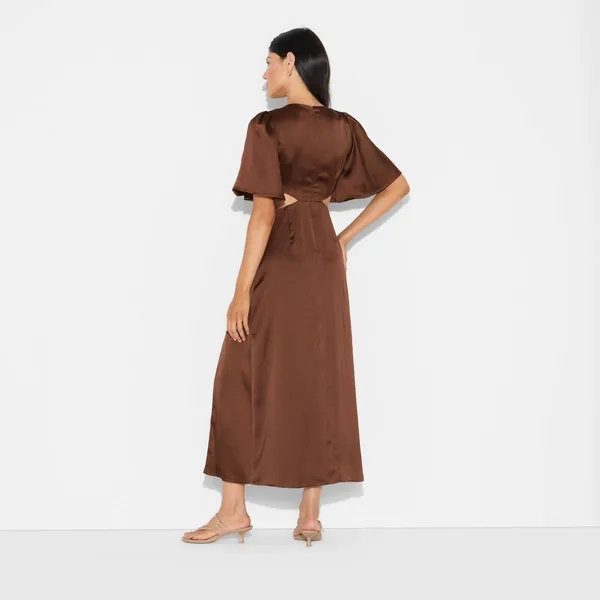 ✨Wild Fable Women’s Flutter Sleeve Satin Cape Maxi Brown Sz Large Dress✨ - Image 3