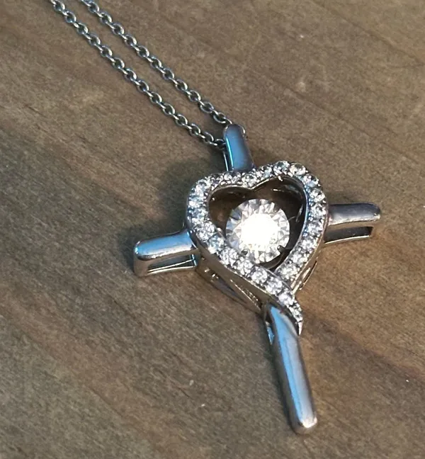 Vintage 925 Silver CZ Heart Cross Pendant Necklace - Image 2