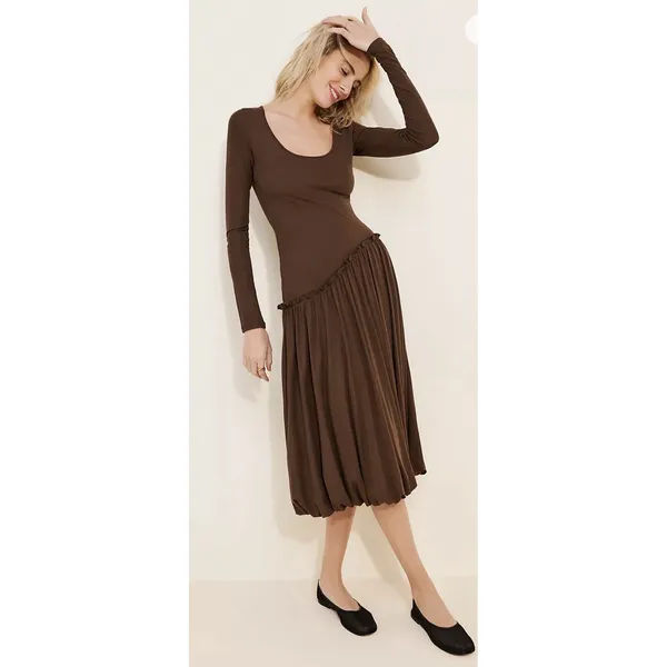 Saemdi Jeanette Drop-Waist Midi Dress Brown Size XS Bubble Hem Tencel - Image 3