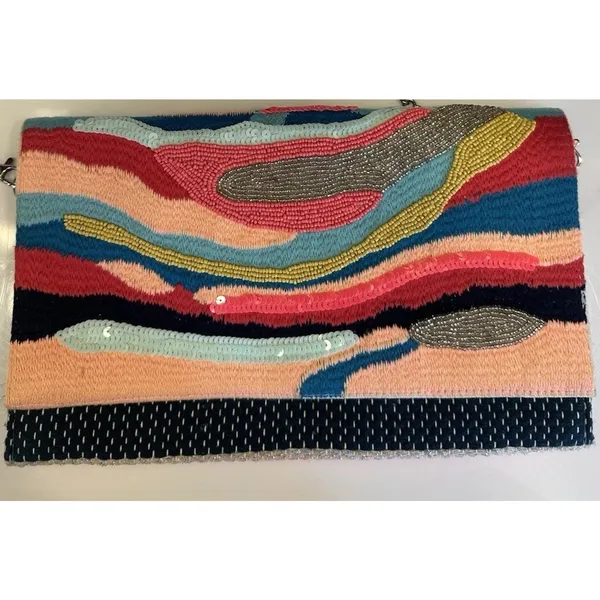 America & Beyond Beaded Clutch Shoulder Flap Chain Bag Purse Colorful Artsy Boho - Image 2