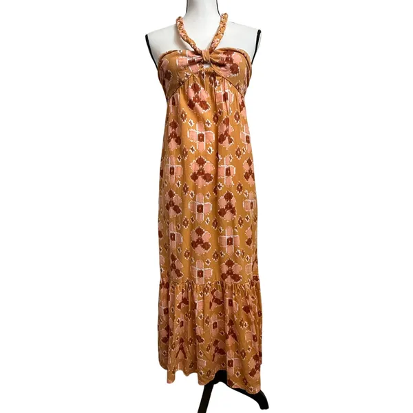 NWT Aerie Sz XS Linen Blend Halter‎ Maxi Dress Ikat Orange Pink Boho Braided - Image 4