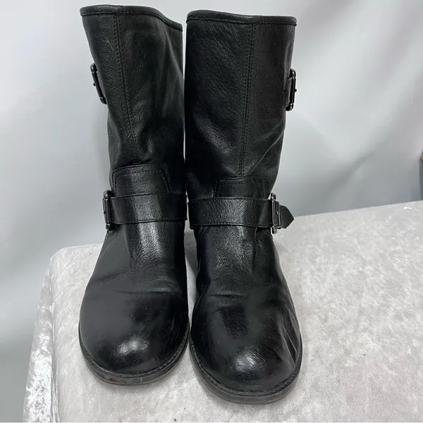 Steve Madden Temmpt Black Leather Mid Rise Boots 8M moto back zipper - Image 8