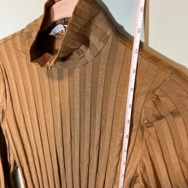 Reformation Brown Ribbed Mock Neck Long Sleeve Mini Dress Slit Size M USA - Image 11