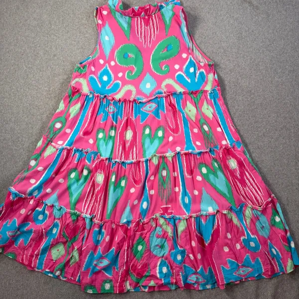 Crown & Ivy Women's Medium Ikat Tiered Ruffle V-Neck Sleeveless Dress Pink Blue - Image 8
