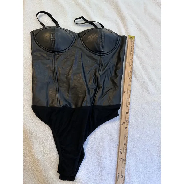 Say What? Womens Black Faux Leather Bustier Bodysuit Underwire M - Image 11