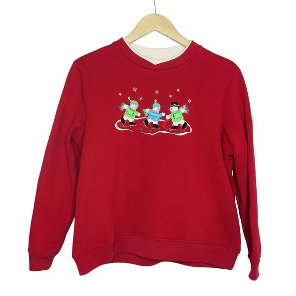 Studio Works Vintage 90s Snowman Ice Skating Embroidered Christmas Sweatshirt - Image 2