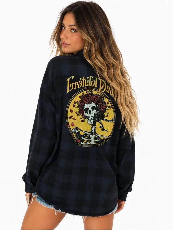 Grateful Dead Bertha Roses Skull Plaid Flannel Shirt Jacket Large - Image 2