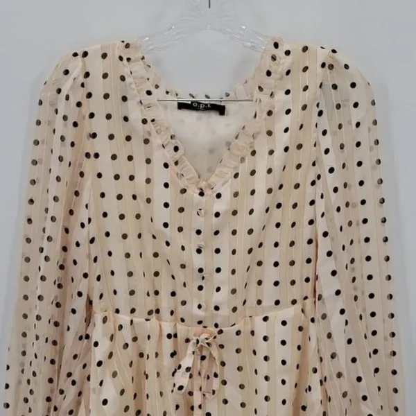 $168 NWOT O.P.T. Women's Beige V-Neck Long Sleeve Tiered Polka Dot Dress Size XS - Image 9