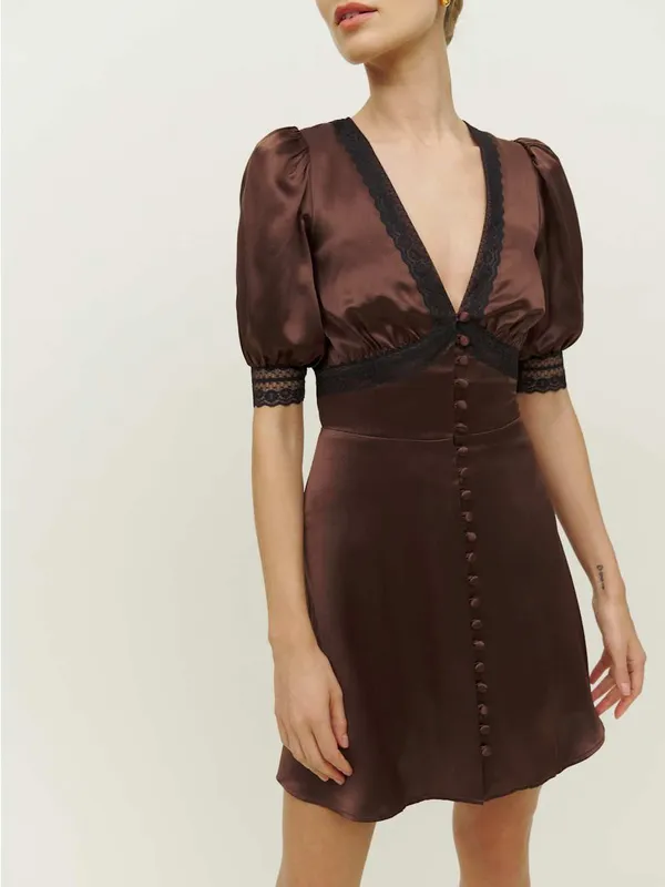 Reformation Brigitta Silk Dress Cafe Brown Mini Puff Sleeve Black Lace - Size 4 - Image 12