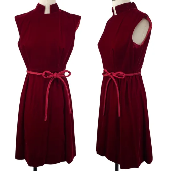 Vintage 60s Velvet Belted Tie Waist Mini Dress High Neck Stand Collar Maroon Red - Image 2